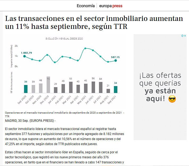 Las transacciones en el sector inmobiliario aumentan un 11% hasta septiembre, segn TTR